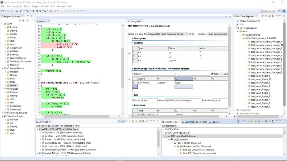 Screenshot showing Parasoft code coverage within the IDE and DTP dashboard reporting and analytics solutions.