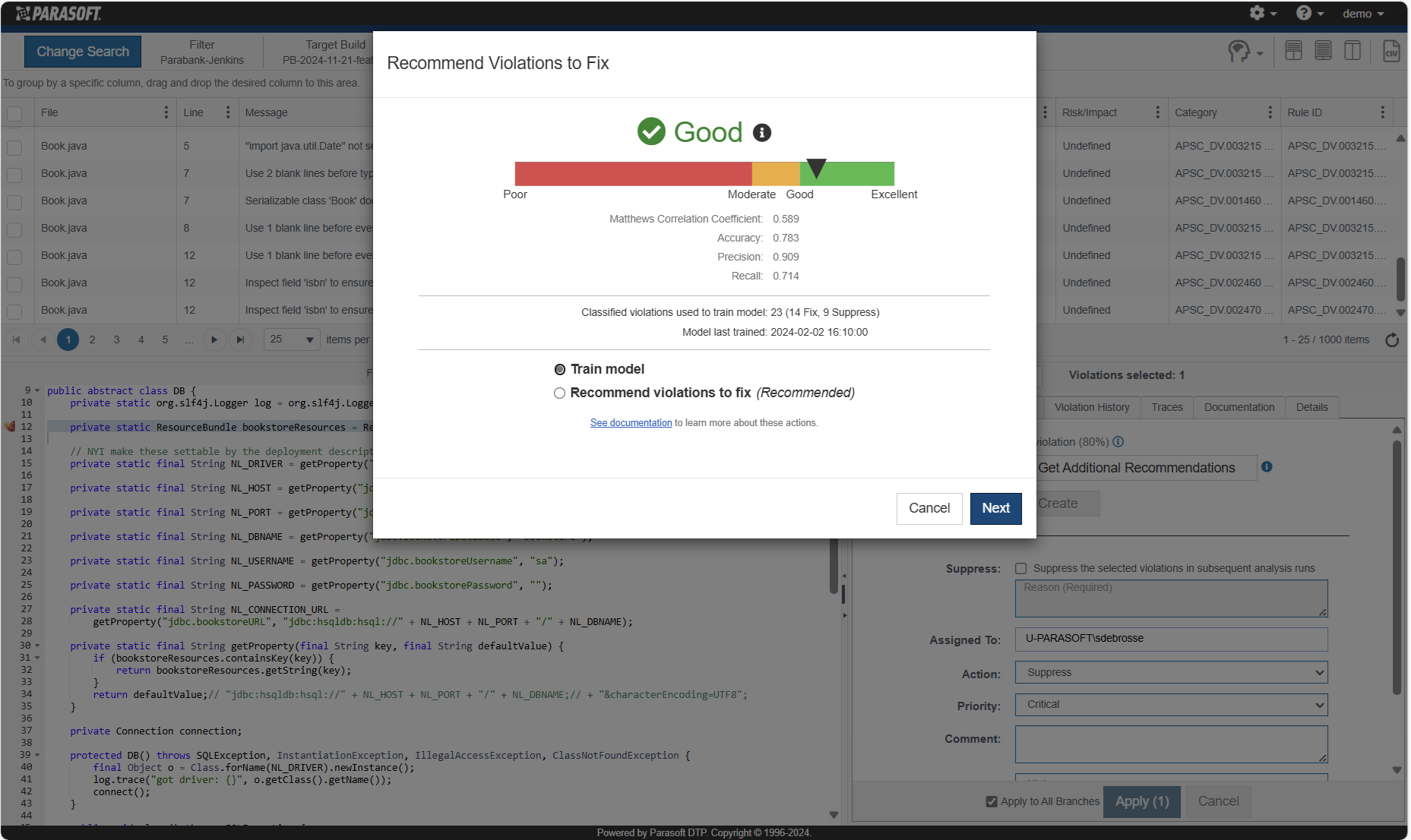 Captura de pantalla del entrenamiento del modelo de aprendizaje automático de Parasoft DTP