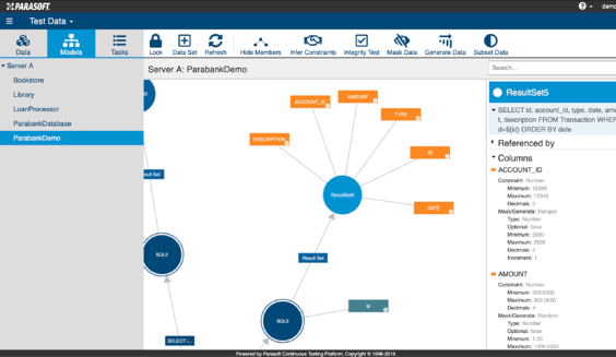 Captura de pantalla de la interfaz de gestión de datos de prueba de Parasoft