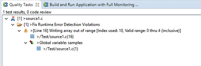Screenshot der Laufzeitfehlererkennung von Parasoft im C/C++-Test