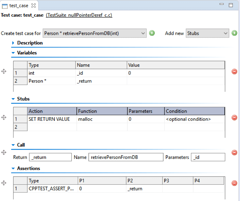 Screenshot of Parasoft C/C++test’s unit testing capability for C/C++, a wizard that helps with unit test creation.
