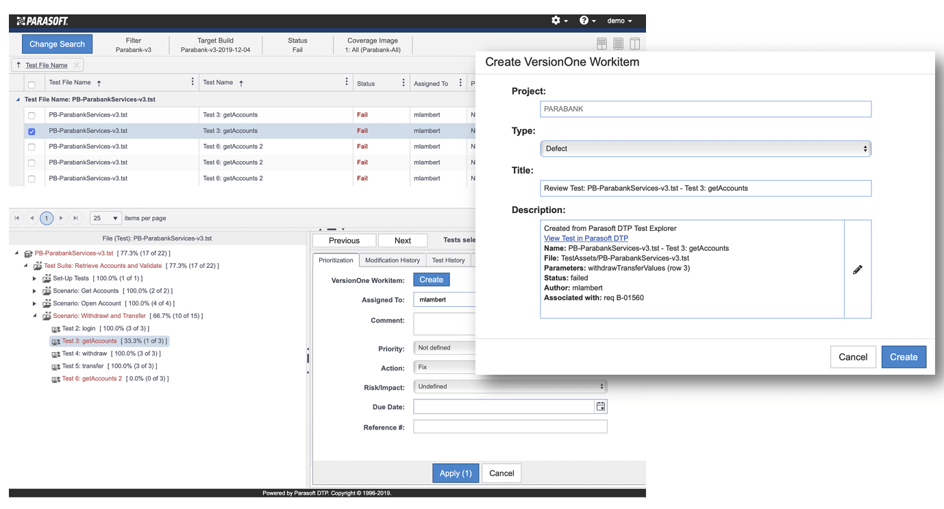 Screenshot der Verstoß- und Test-Explorer in Parasoft DTP, der es Teams ermöglicht, nach der Sichtung von Testfehlern und Verstößen gegen die statische Analyse neue Arbeitselemente zu erstellen.