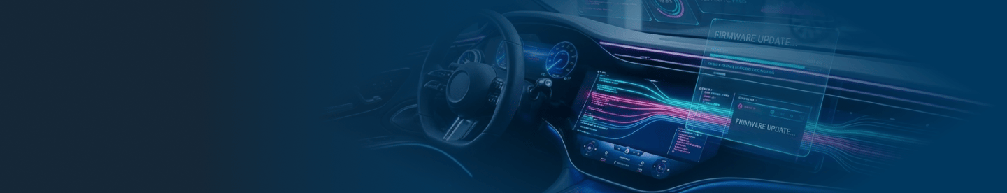 Graphic of car steering wheel and infotainment system on a blue banner