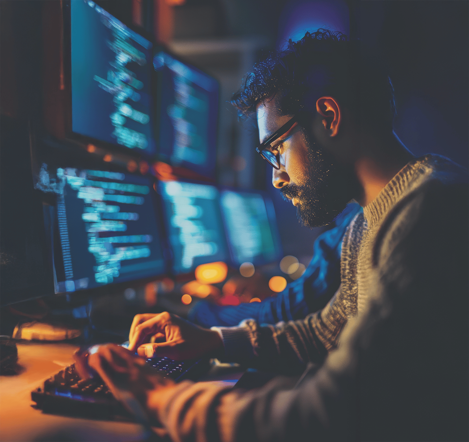 Graphic of a dev working. Low light and bright colors on the screens.