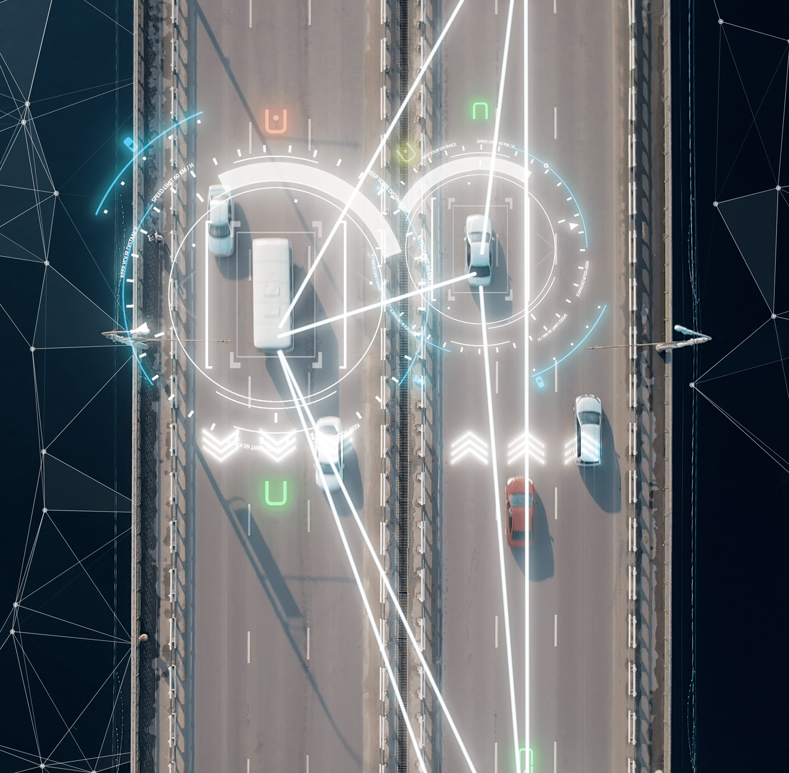 Graphic of cars and other vehicles traveling down a freeway with lines showing communication and sensors.