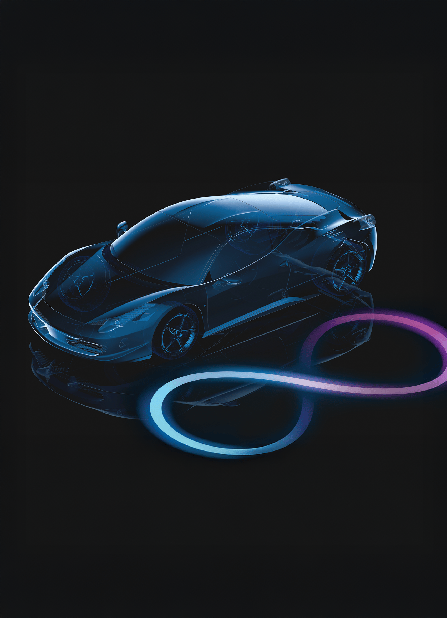 Futuristic car next to an infinity symbol