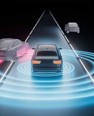 Illustration of cars sensing other cars on roadway.