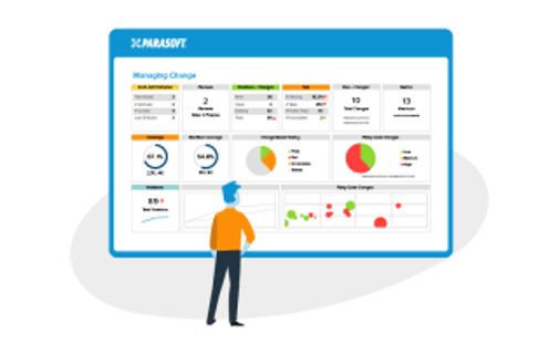 Graphic of man viewing a code quality dashboard.