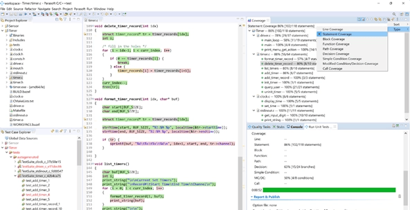 Screenshot of Parasoft C/C++test with Statement Coverage selected.