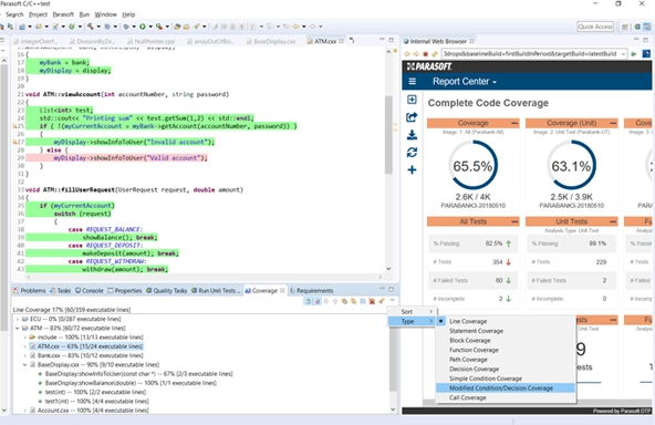 Screenshot showing side by side of C/C++ legacy code in Parasoft C/C++test on the left and on the right Parasoft DTP