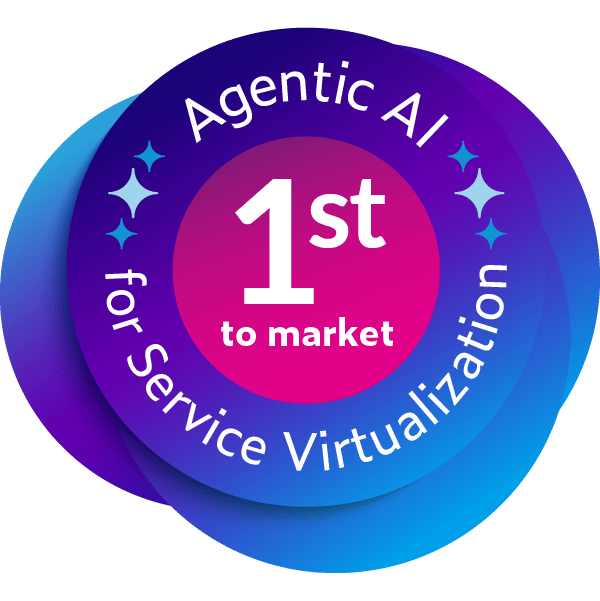 Blue and purple circular badge stating 1st to market with Agentic AI for Service Virtualization