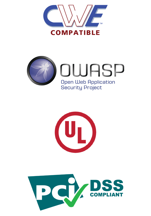 CWE, OWASP, UL, and PCI DSS logos
