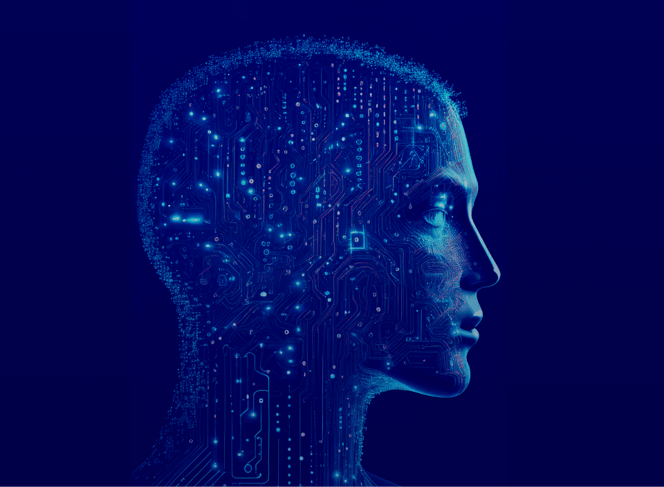Profile image of a human head filled in with data connectors to reflect artificial intelligence.