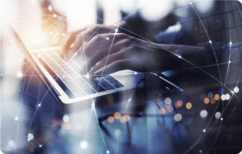 Image of two hands typing on computer with graphic overlay