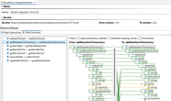 Screenshot des Änderungsberatermoduls von Parasoft SOAtest, mit dem Benutzer zwei Versionen einer Servicedefinitionsdatei vergleichen können, um eine visuelle Änderungsvorlage zu erstellen, die auf eine Testsuite angewendet werden kann, um Testfälle, die von API-Änderungen betroffen sind, in großen Mengen zu refaktorisieren.