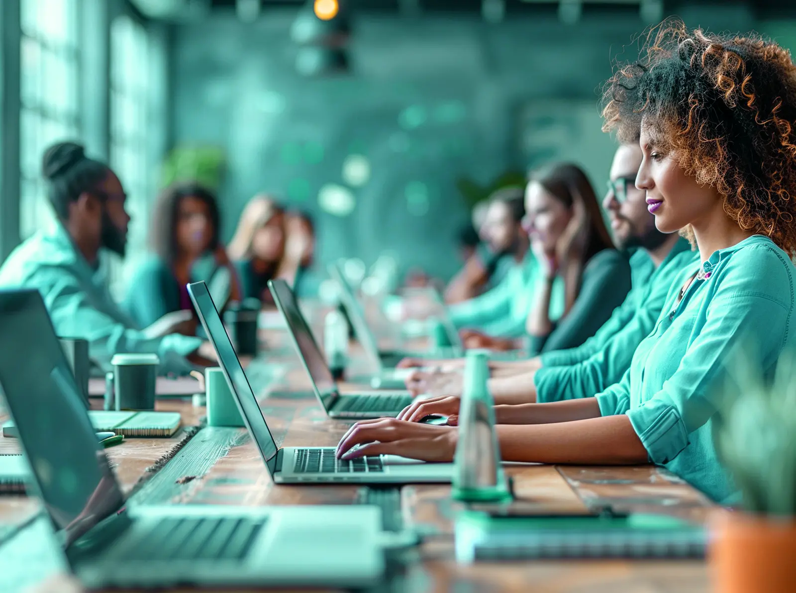 Photo showing a long working table with young professionals collaborating and typing on laptops.